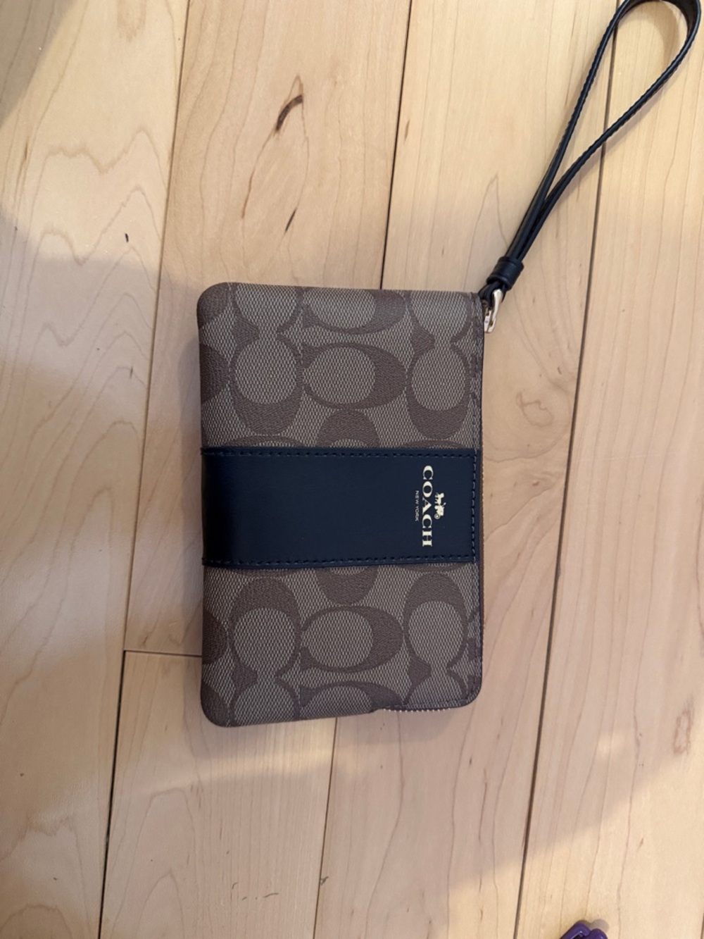 Coach Brown Signature Canvas Wristlet with Black Band